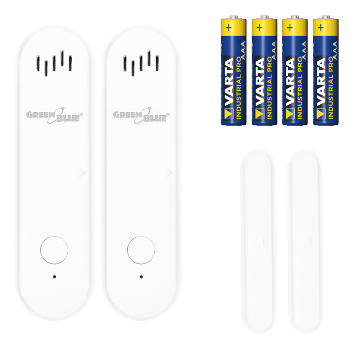 GreenBlue vezeték nélküli kontaktor / WiFi nyitásérzékelő, Android/iOS, ajtókhoz / ablakokhoz, 3,0 V DC, LR03x2, riasztóval, GB478 2 db + 4 db Varta Industrial 4003 AAA alkáli elem