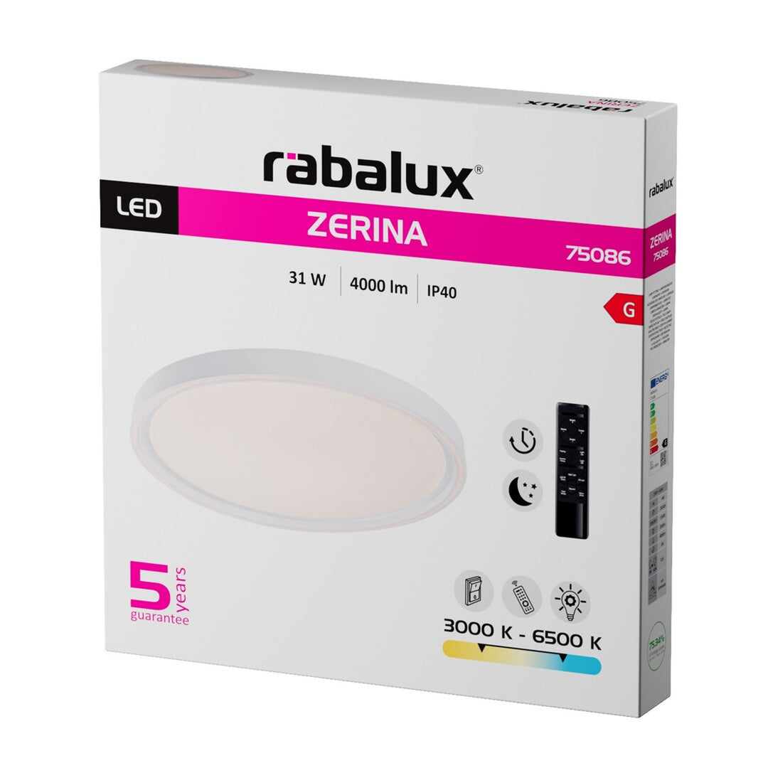 Rabalux Zerina mennyezeti lámpa, 31 W, IP40, fehér, 3000–6500 K, memóriafunkció, távirányítóval, időzítőfunkció, éjszakai lámpa hatás, 75086