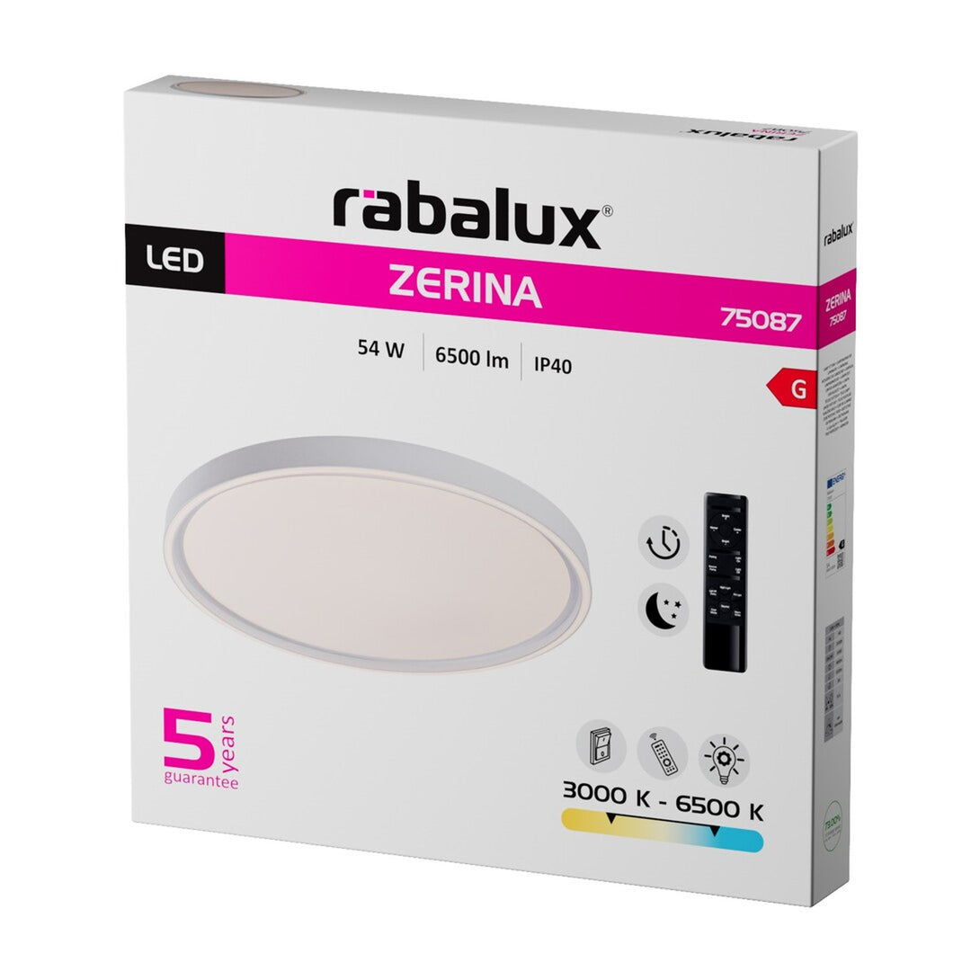 Rabalux Zerina mennyezeti lámpa, 54 W, IP40, fehér, 3000–6500 K, memóriafunkció, távirányítóval, időzítőfunkció, éjszakai lámpa hatás, 75087