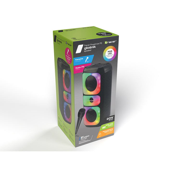Tracer vezeték nélküli hangszóró, Bluetooth 5.0, 20 W RMS teljesítmény, karaoke mód, mikrofon, Powervox P2 TWS