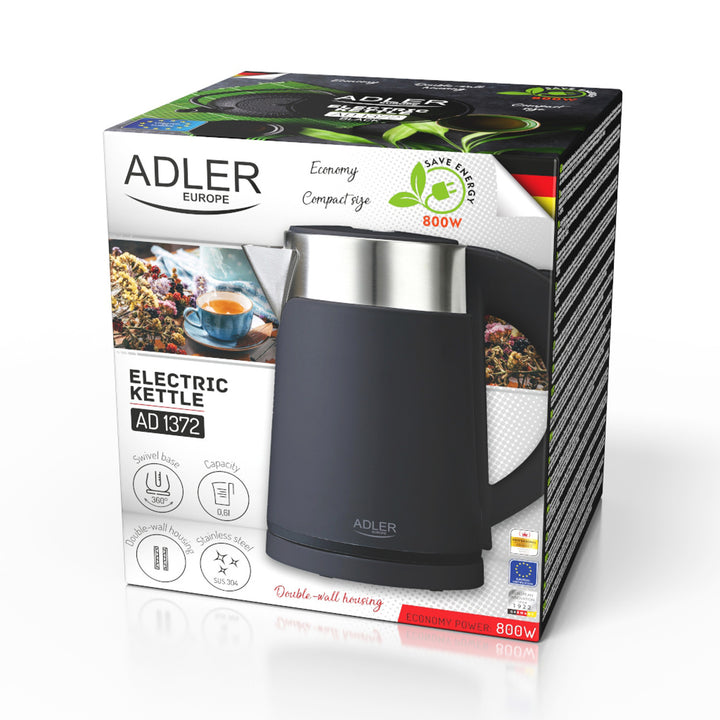 Adler elektromos vízforraló, fém, 0,6 l, csendes, 800 W teljesítmény, fekete. AD 1372