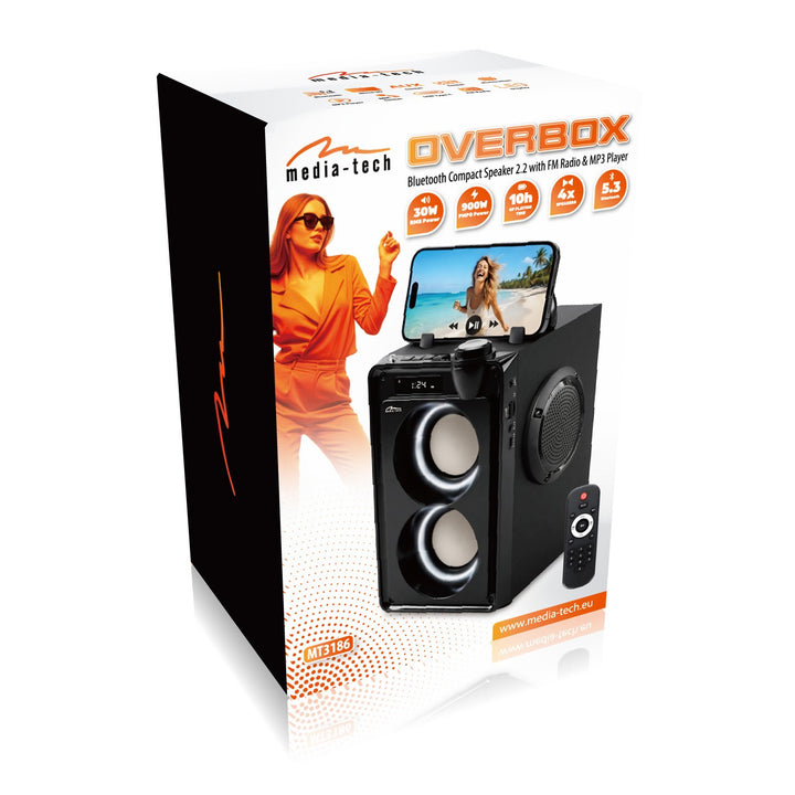 OVERBOX MT3186 hordozható Bluetooth-hangszóró, FM-rádió, SD-kártya- és USB-támogatás, 30 W RMS teljesítmény, Mediatech