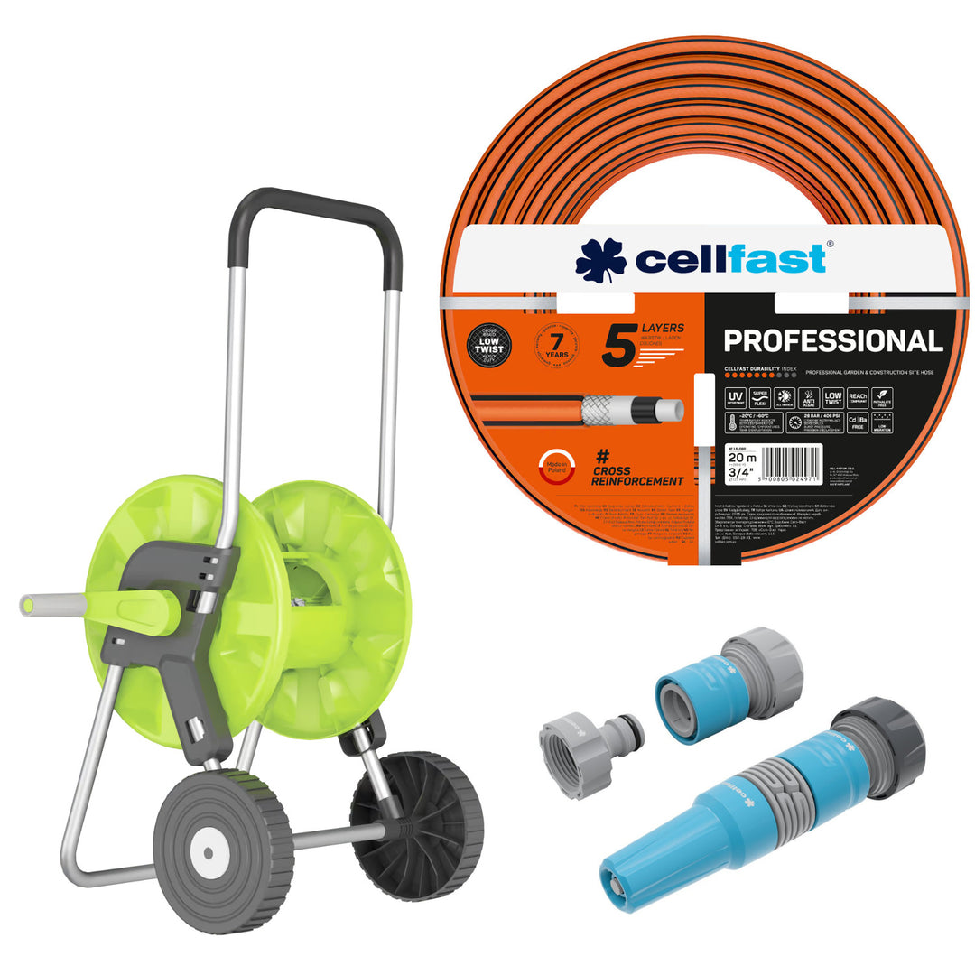 Cellfast kerti tömlő, PROFESSIONAL 3/4" 20 m + Cellfast Economic tömlőtartó kocsi 1/2" 45 m + Készlet egyenes 3/4" IDEAL öntözőfejjel