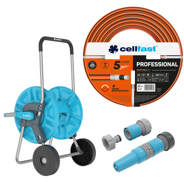Cellfast kerti tömlő, PROFESSIONAL 3/4" 30 m + 3/4" IDEAL egyenes permetezővel ellátott készlet + Cellfast Aluplus 1/2" 60 m-es tömlőszállító kocsi