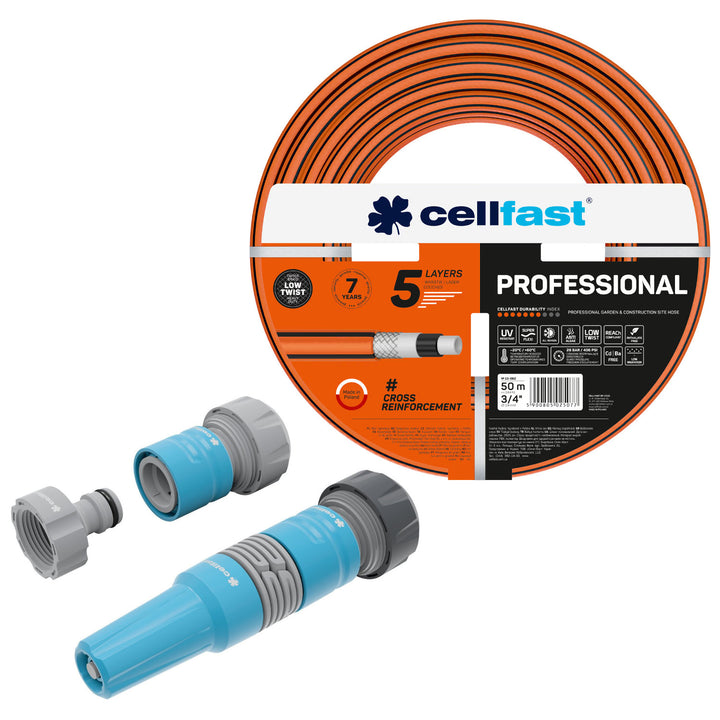 Cellfast kerti tömlő, PROFESSIONAL 3/4" 50 m + 3/4" IDEAL egyenes permetezővel ellátott készlet