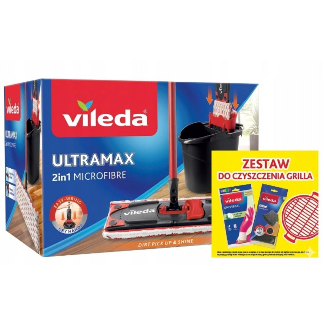 Ultramax lapos felmosó szett + Universal kesztyű + Glitzi súroló 2 db. Vileda, Érintésmentes vízelvezető rendszer, Kétféle szál, 177453