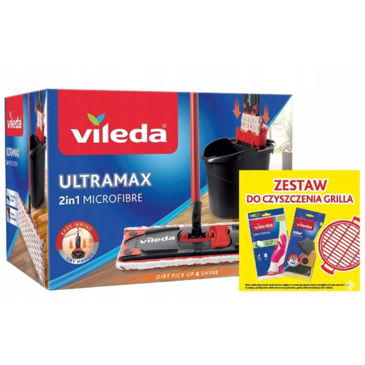 Ultramax lapos felmosó szett + Universal kesztyű + Glitzi súroló 2 db. Vileda, Érintésmentes vízelvezető rendszer, Kétféle szál, 177453