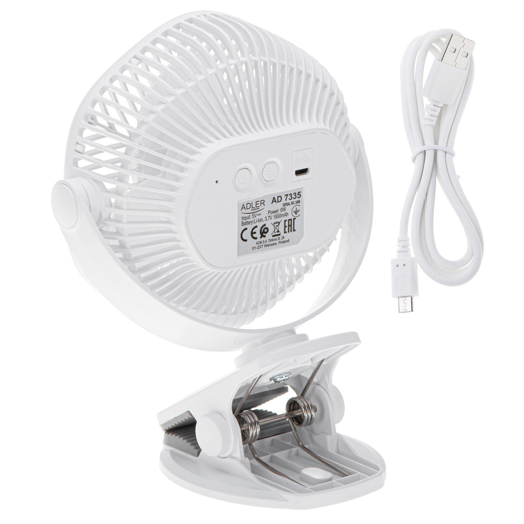 5"/12,7 cm-es akkumulátoros ventilátor klipsszel – USB / LED, AD 7335, Adler