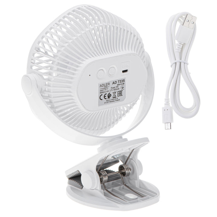 5"/12,7 cm-es akkumulátoros ventilátor klipsszel – USB / LED, AD 7335, Adler