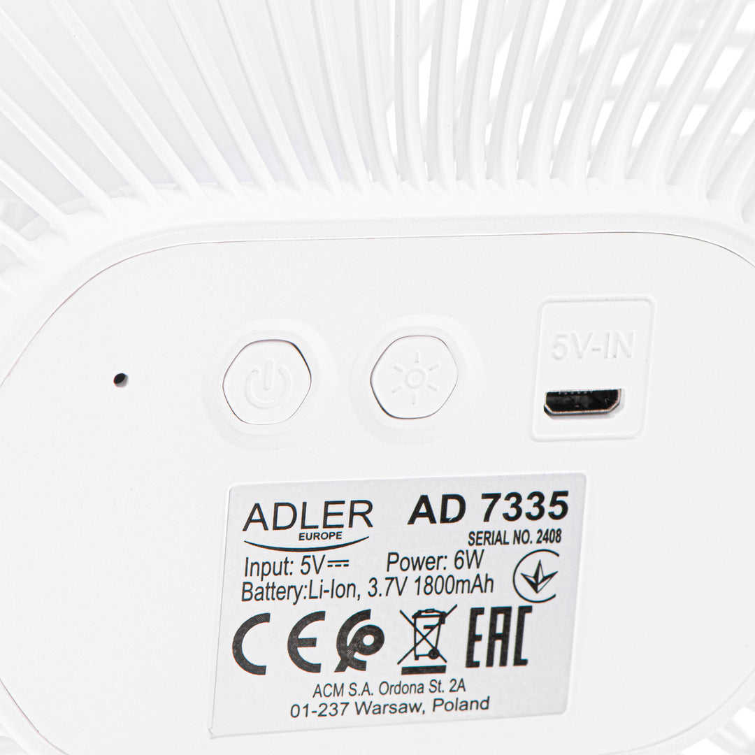5"/12,7 cm-es akkumulátoros ventilátor klipsszel – USB / LED, AD 7335, Adler