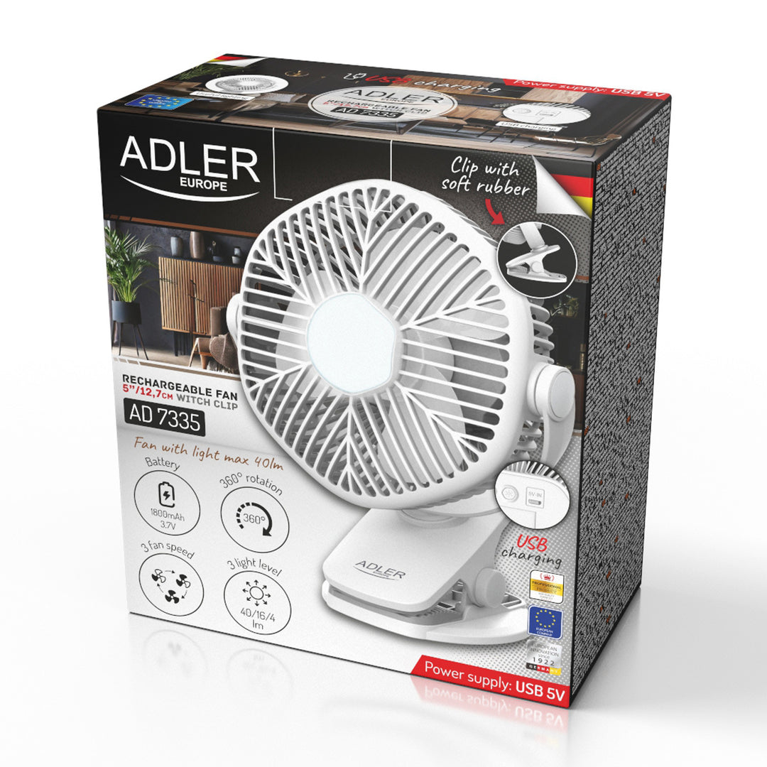 5"/12,7 cm-es akkumulátoros ventilátor klipsszel – USB / LED, AD 7335, Adler