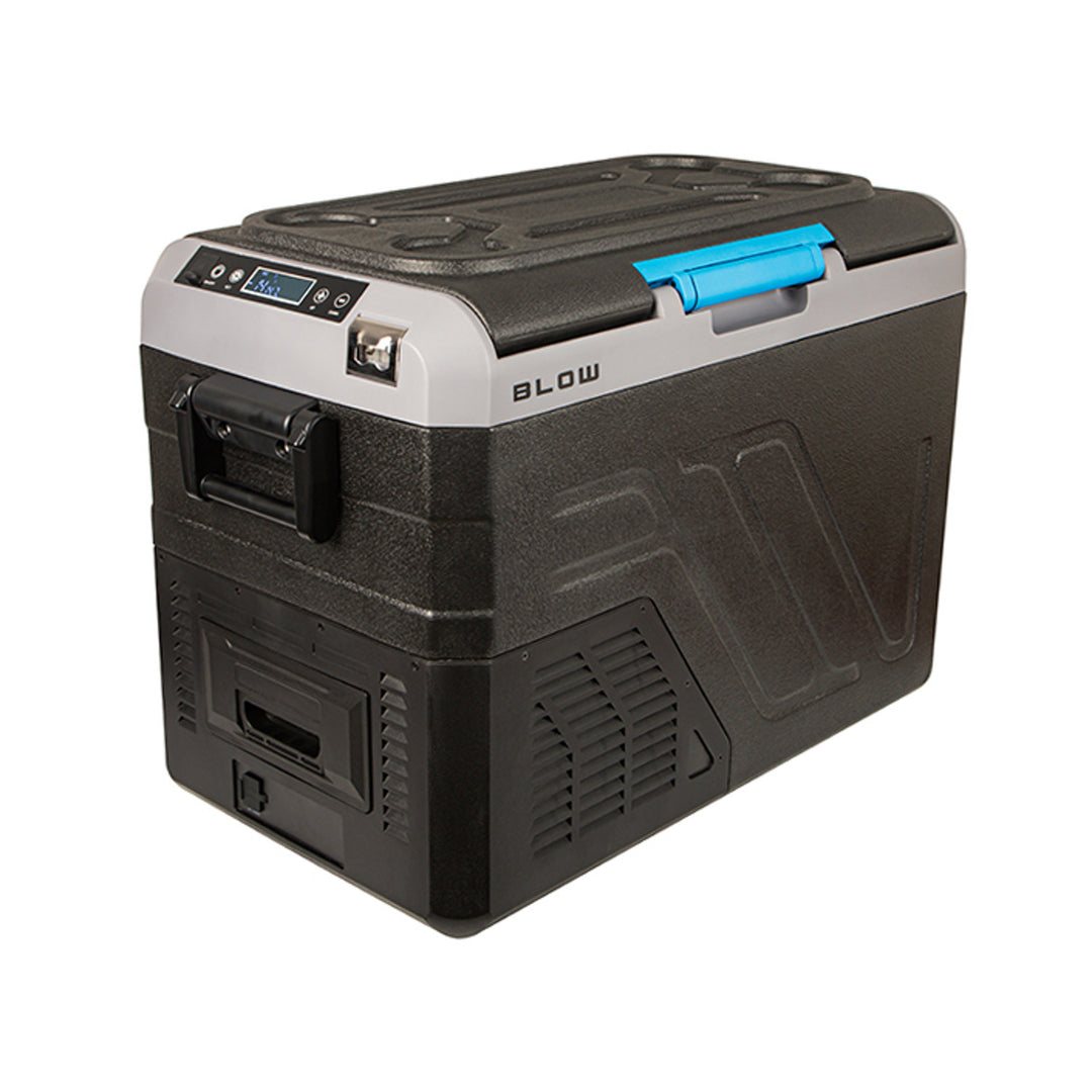Blow kompresszoros autós hűtőtáska, 35 literes űrtartalom, érintőképernyős vezérlőpanel, 12 V, 24 V és 230 V, USB-C csatlakozó, 44-208#