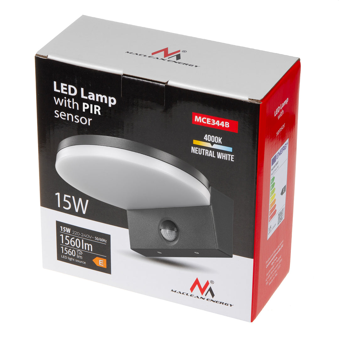 Maclean mozgásérzékelős LED-lámpa, PIR mozgásérzékelő, fekete színű, 15 W, IP65, 1560 lm, semleges fehér fény (4000 K) MCE344 B, 2 darab