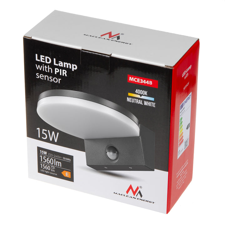 Maclean mozgásérzékelős LED-lámpa, PIR mozgásérzékelő, fekete színű, 15 W, IP65, 1560 lm, semleges fehér fény (4000 K) MCE344 B, 2 darab