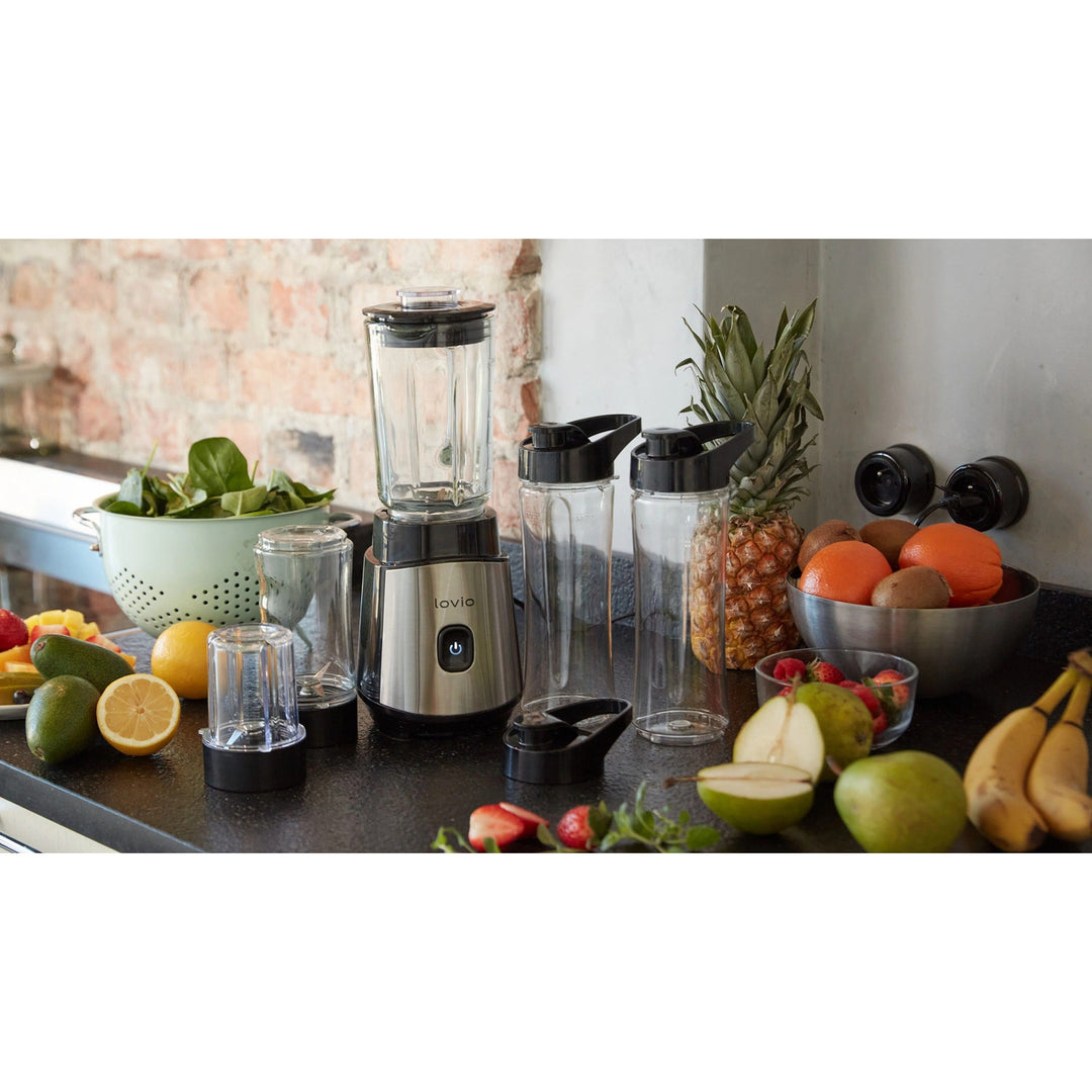 LOVIO LVJBL001 turmixgép, 500 W teljesítmény, 600 ml-es üvegpohár, 3 palack