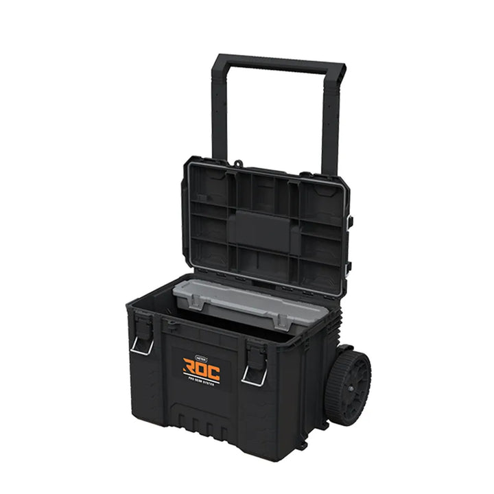 3 darabos Keter ROC Pro Gear 2.0 szerszámos láda szett, összesen 110 literes űrtartalom, IP65 védelem, leszerelhető teleszkópos fogantyú, lakatolási lehetőség, 256982