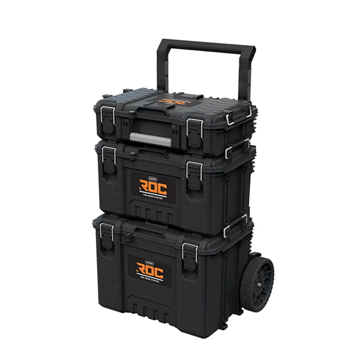3 darabos Keter ROC Pro Gear 2.0 szerszámos láda szett, összesen 110 literes űrtartalom, IP65 védelem, leszerelhető teleszkópos fogantyú, lakatolási lehetőség, 256982