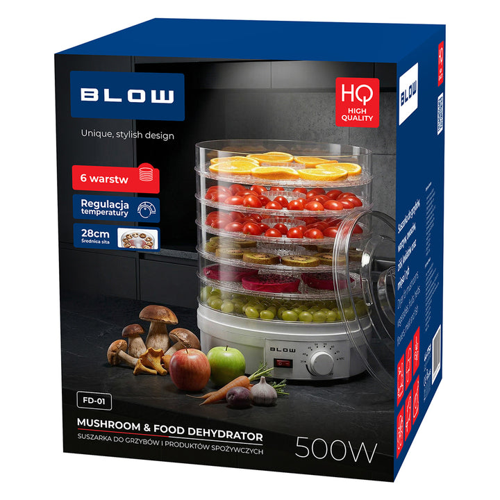 Blow gomba-, zöldség- és gyümölcsszárító, 500 W teljesítmény, 6 szitával a csomagban, hőmérséklet-szabályozás 35–75 °C, 44–175