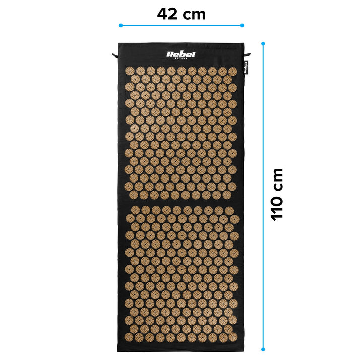 Akupresszúrás tüskés egészségügyi szőnyeg párnával, 110x42 cm, XL, arany tüskék, Rebel Active