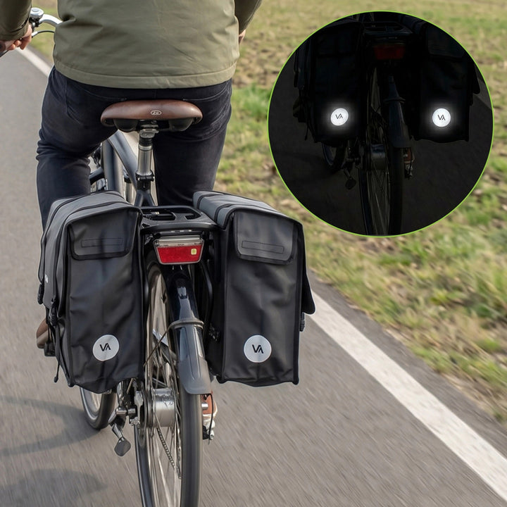 Kettős, PVC-ből készült, fogantyúval ellátott, fekete kerékpáros csomagtartó-táska, 40 l, VA0446, Vayox