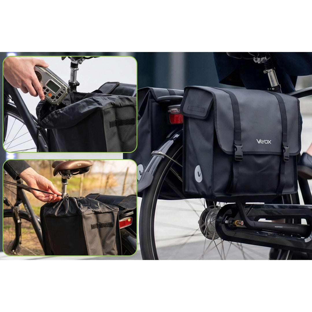 Kettős, PVC-ből készült, fogantyúval ellátott, fekete kerékpáros csomagtartó-táska, 40 l, VA0446, Vayox