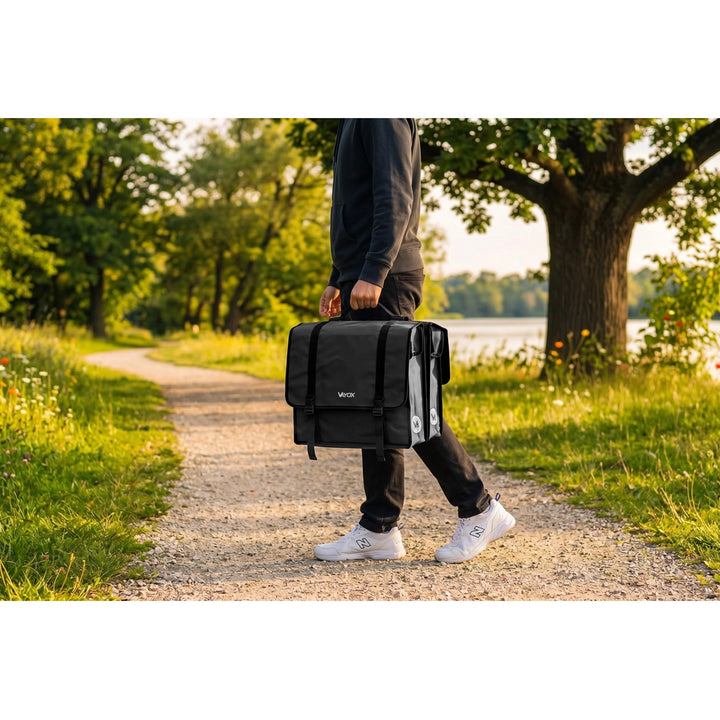 Kettős, PVC-ből készült, fogantyúval ellátott, fekete kerékpáros csomagtartó-táska, 40 l, VA0446, Vayox