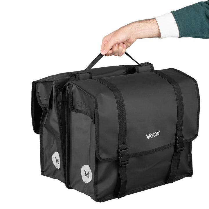 Kettős, PVC-ből készült, fogantyúval ellátott, fekete kerékpáros csomagtartó-táska, 40 l, VA0446, Vayox