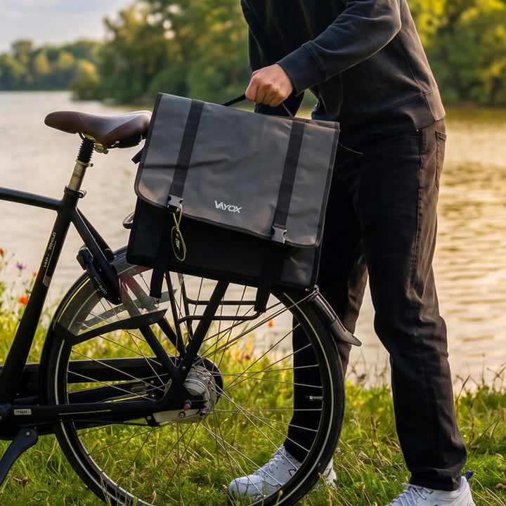 Kettős, PVC-ből készült, fogantyúval ellátott, fekete kerékpáros csomagtartó-táska, 40 l, VA0446, Vayox