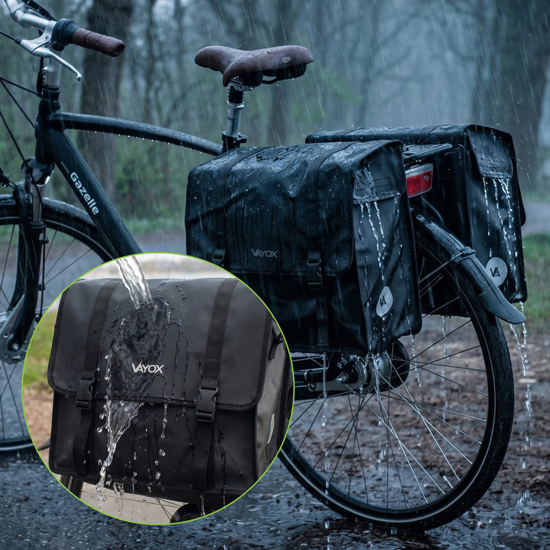 Kettős, PVC-ből készült, fogantyúval ellátott, fekete kerékpáros csomagtartó-táska, 40 l, VA0446, Vayox