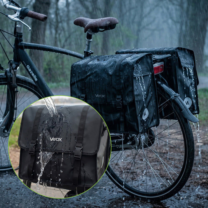Kettős, PVC-ből készült, fogantyúval ellátott, fekete kerékpáros csomagtartó-táska, 40 l, VA0446, Vayox