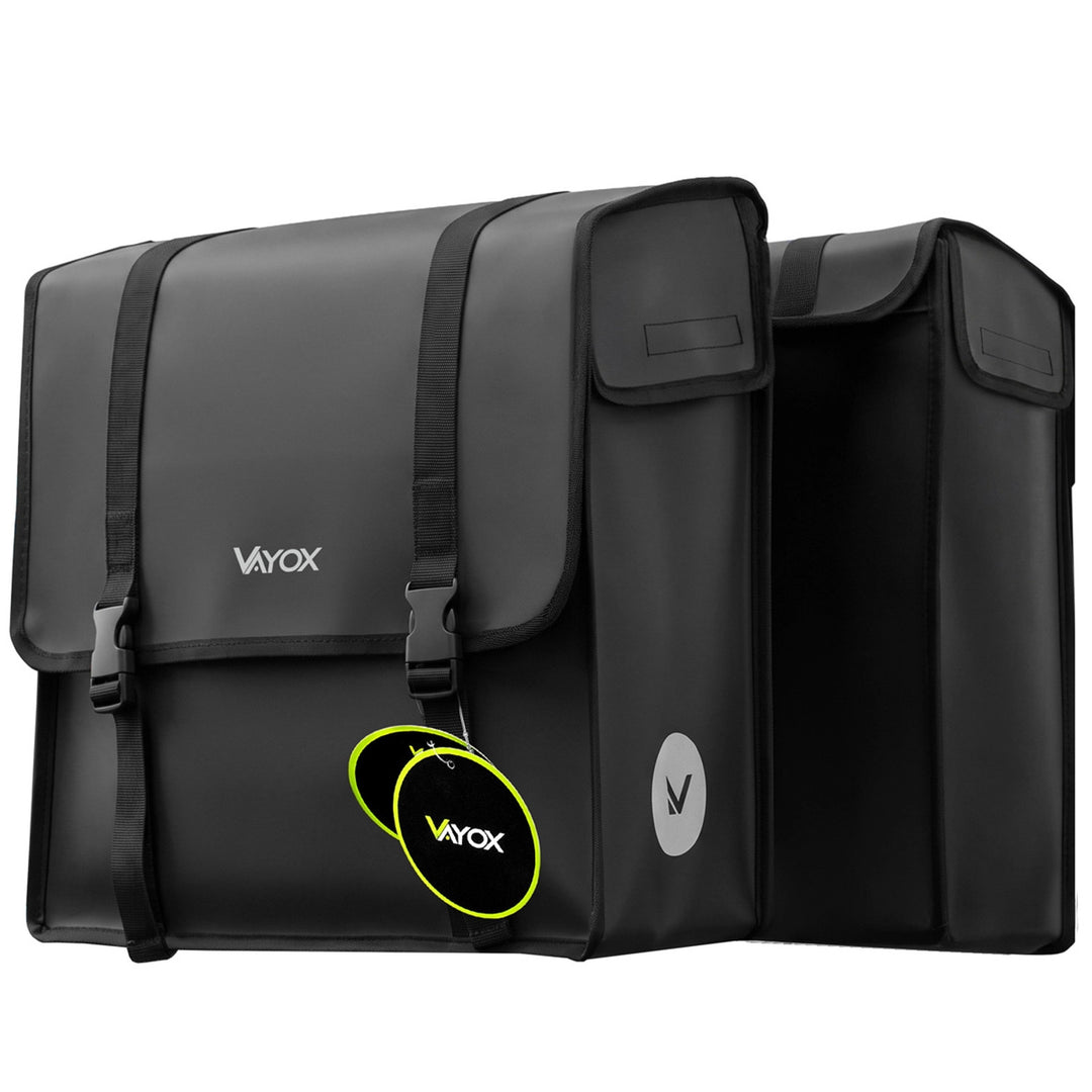 Kettős, PVC-ből készült, fogantyúval ellátott, fekete kerékpáros csomagtartó-táska, 40 l, VA0446, Vayox