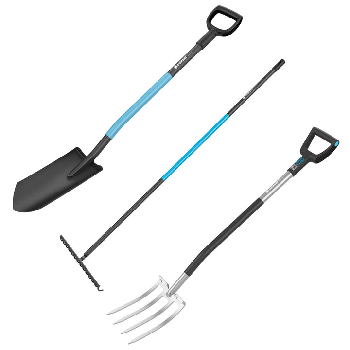 CELLPRO faiskola- és vízelvezető ásó + ENERGO villák + CELLPRO univerzális fém gereblyék, Cellfast