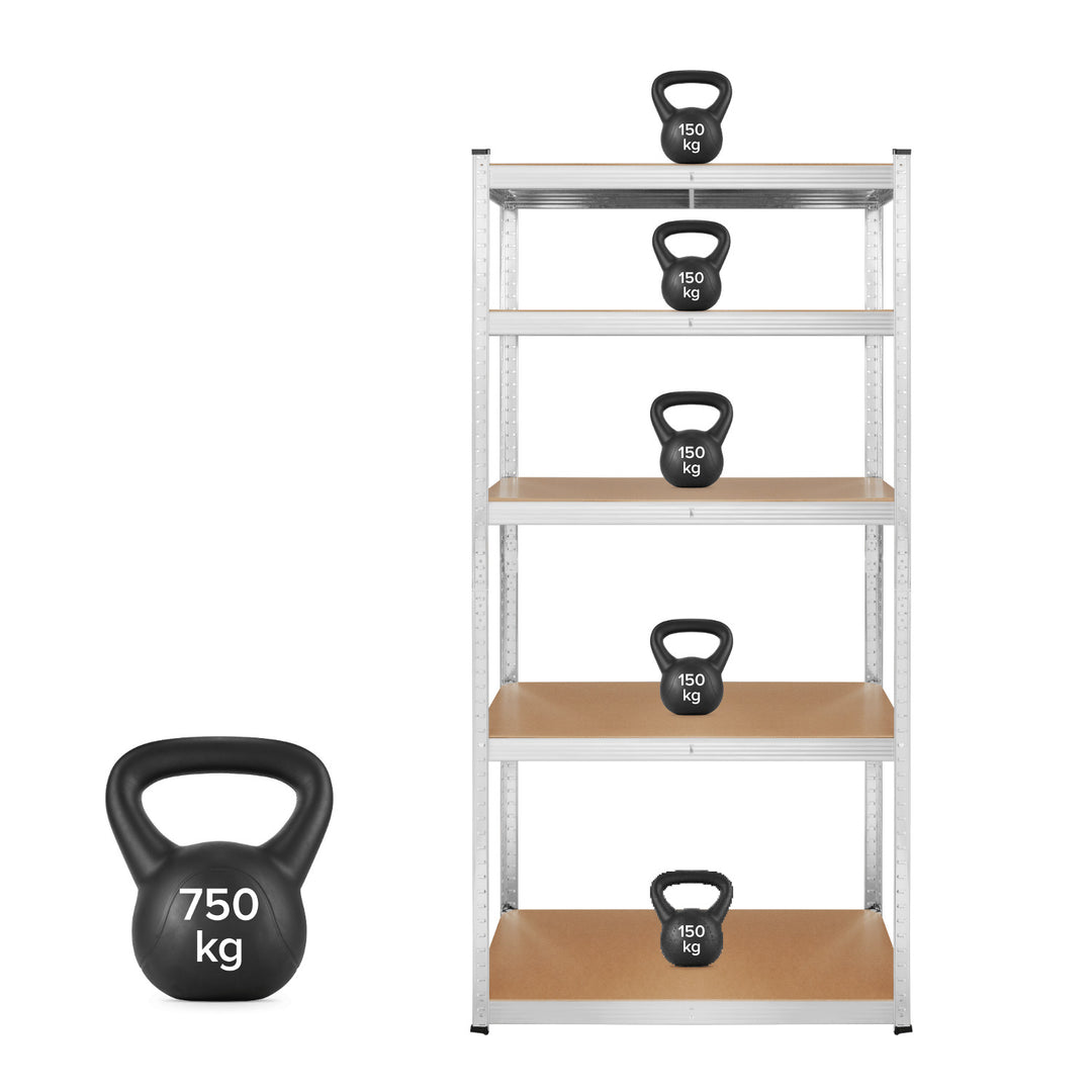 Fém raktári polcos szekrény, 5 polccal, maximális terhelhetőség 750 kg, 180x90x40, ezüst színű Rebel, 2 darab