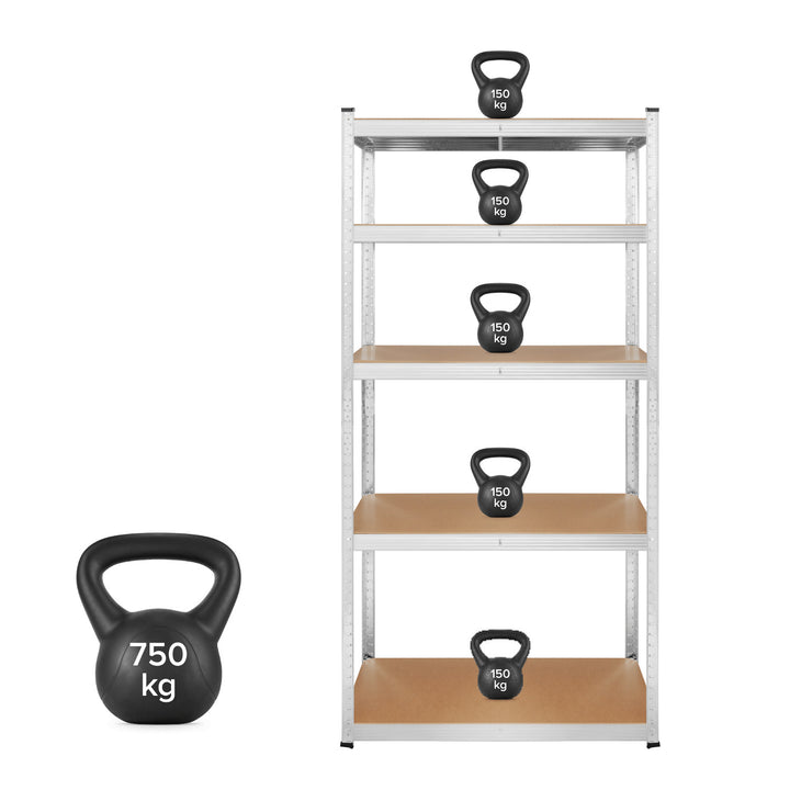 Fém raktári polcos szekrény, 5 polccal, maximális terhelhetőség 750 kg, 180x90x40, ezüst színű Rebel, 2 darab