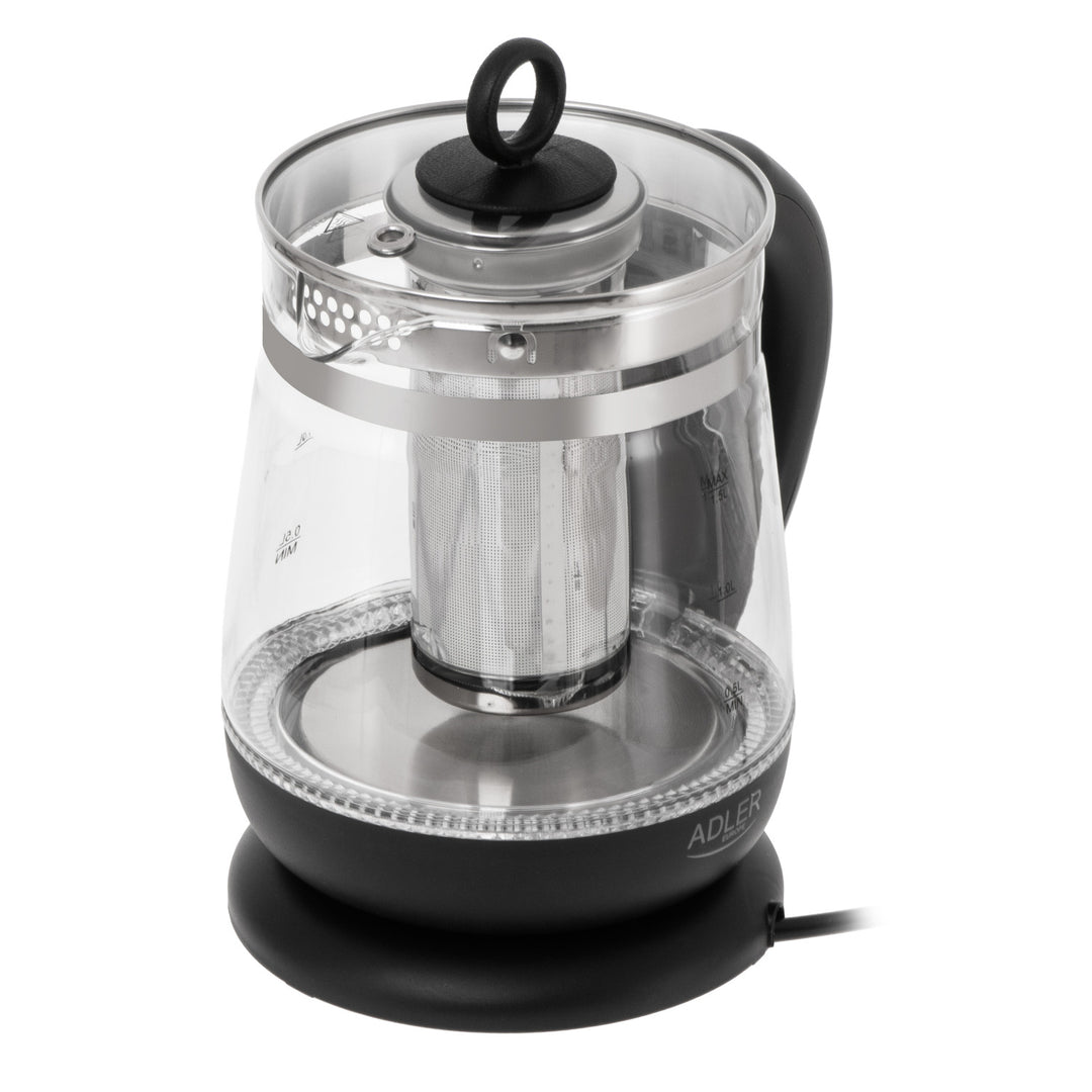 1,5 literes üvegvízforraló teafőzővel és hőmérséklet-szabályozóval, 2200 W, LED, 60–100 °C, Adler AD 1299, fekete