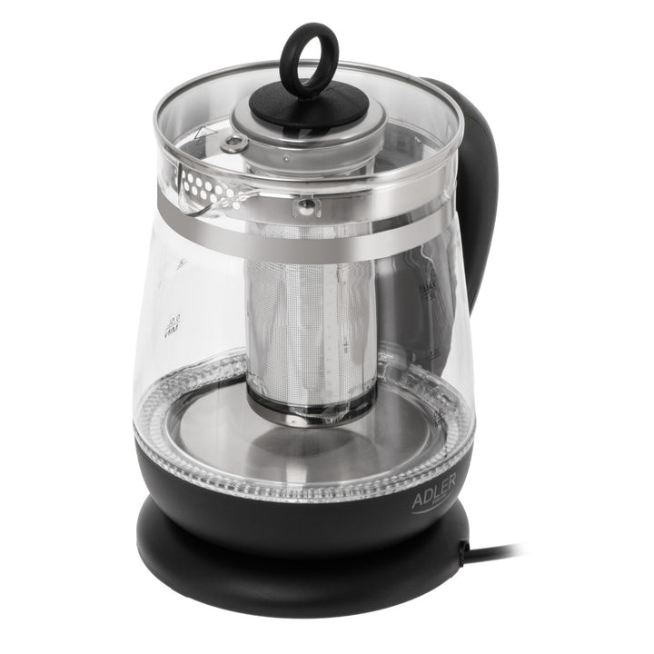 1,5 literes üvegvízforraló teafőzővel és hőmérséklet-szabályozóval, 2200 W, LED, 60–100 °C, Adler AD 1299, fekete