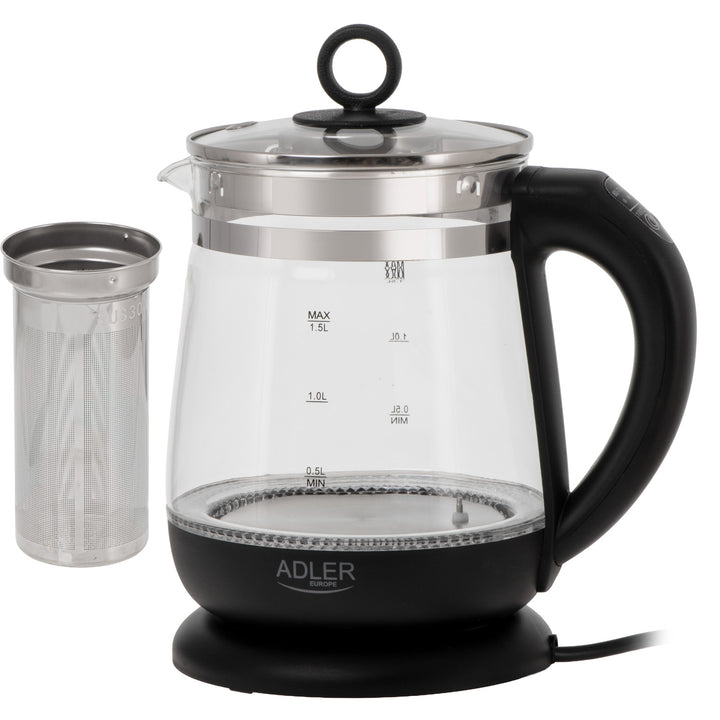 1,5 literes üvegvízforraló teafőzővel és hőmérséklet-szabályozóval, 2200 W, LED, 60–100 °C, Adler AD 1299, fekete