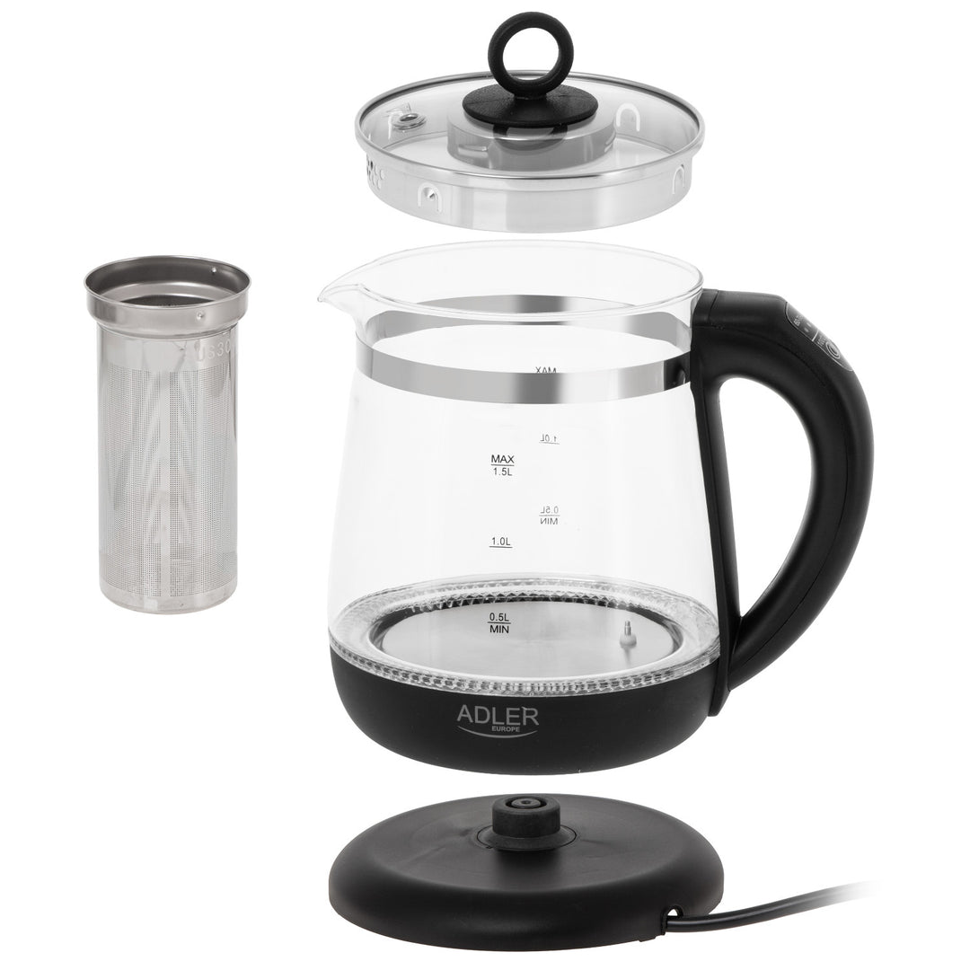 1,5 literes üvegvízforraló teafőzővel és hőmérséklet-szabályozóval, 2200 W, LED, 60–100 °C, Adler AD 1299, fekete