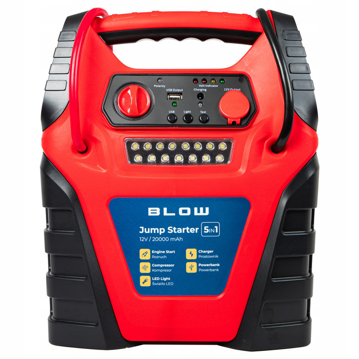 Blow 5 az 1-ben indító, kompresszor-, töltő- és powerbank-funkcióval, 12 V-os, 20 000 mAh-s akkumulátorral, indítóáram: 400 A, csúcsáram: 900 A, túlterhelés elleni biztosítékkal ellátva, 81-210#
