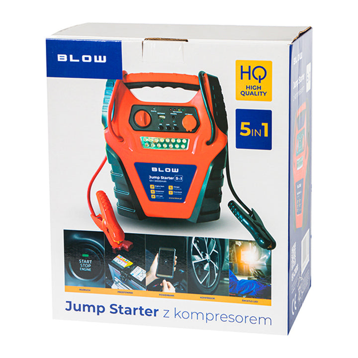 Blow 5 az 1-ben indító, kompresszor-, töltő- és powerbank-funkcióval, 12 V-os, 20 000 mAh-s akkumulátorral, indítóáram: 400 A, csúcsáram: 900 A, túlterhelés elleni biztosítékkal ellátva, 81-210#