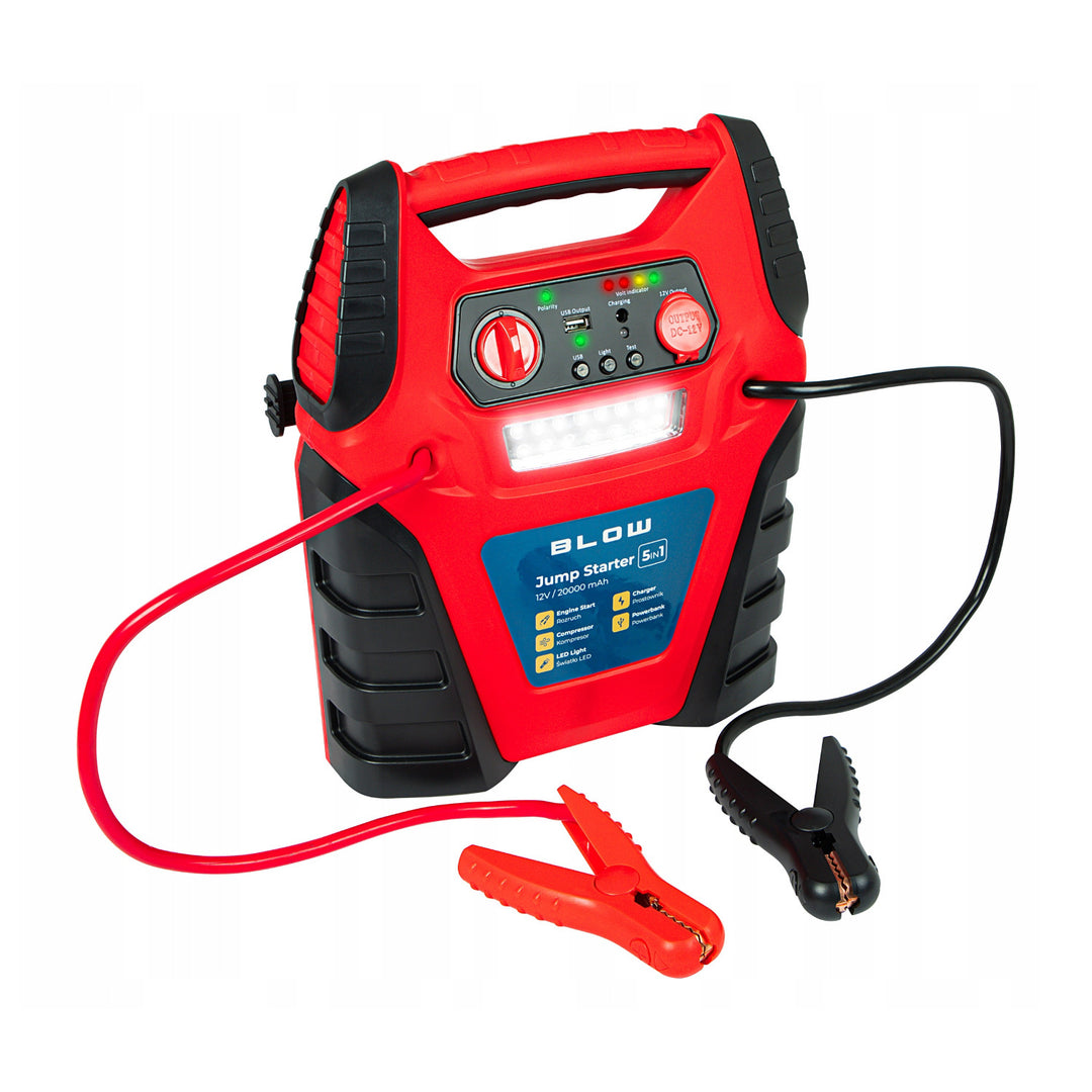 Blow 5 az 1-ben indító, kompresszor-, töltő- és powerbank-funkcióval, 12 V-os, 20 000 mAh-s akkumulátorral, indítóáram: 400 A, csúcsáram: 900 A, túlterhelés elleni biztosítékkal ellátva, 81-210#