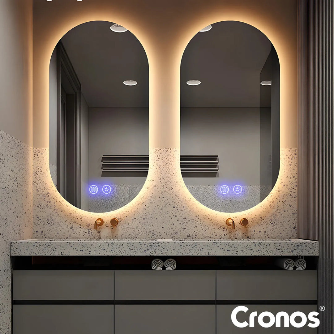 Cronos fűtött tükör, ovális, 50x80 cm, három színű LED-es világítás, IP44 védelmi fokozat, páramentesítő rendszer