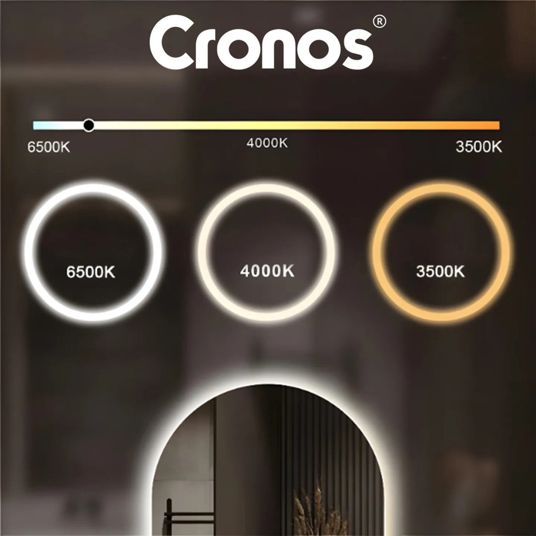 Cronos fűtött tükör, ovális, 50x80 cm, három színű LED-es világítás, IP44 védelmi fokozat, páramentesítő rendszer
