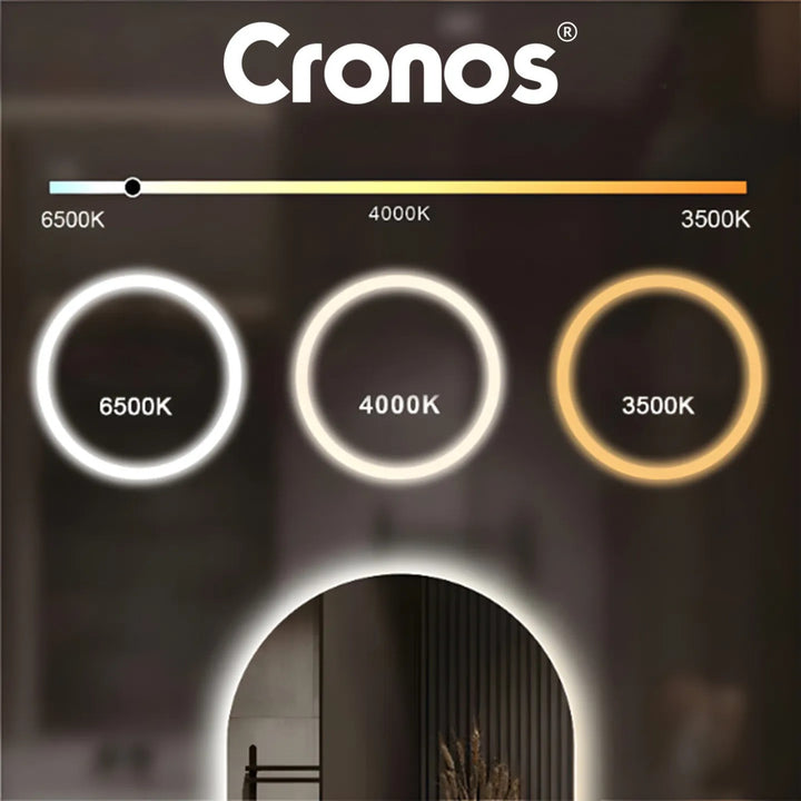Cronos fűtött tükör, ovális, 50x80 cm, három színű LED-es világítás, IP44 védelmi fokozat, páramentesítő rendszer