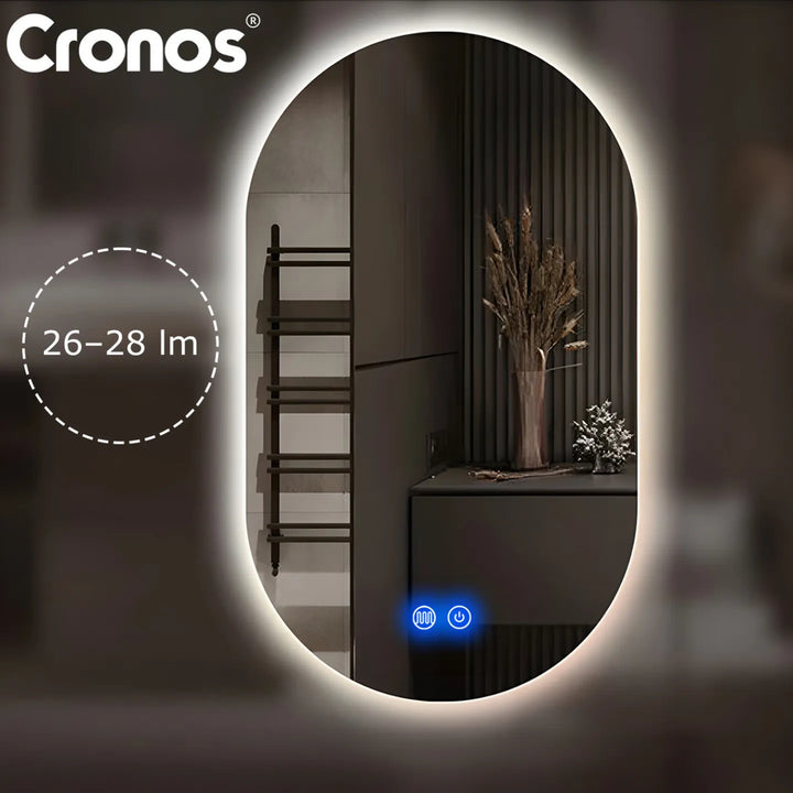 Cronos fűtött tükör, ovális, 50x80 cm, három színű LED-es világítás, IP44 védelmi fokozat, páramentesítő rendszer