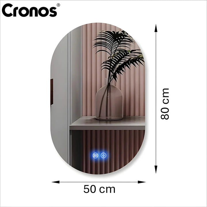 Cronos fűtött tükör, ovális, 50x80 cm, három színű LED-es világítás, IP44 védelmi fokozat, páramentesítő rendszer
