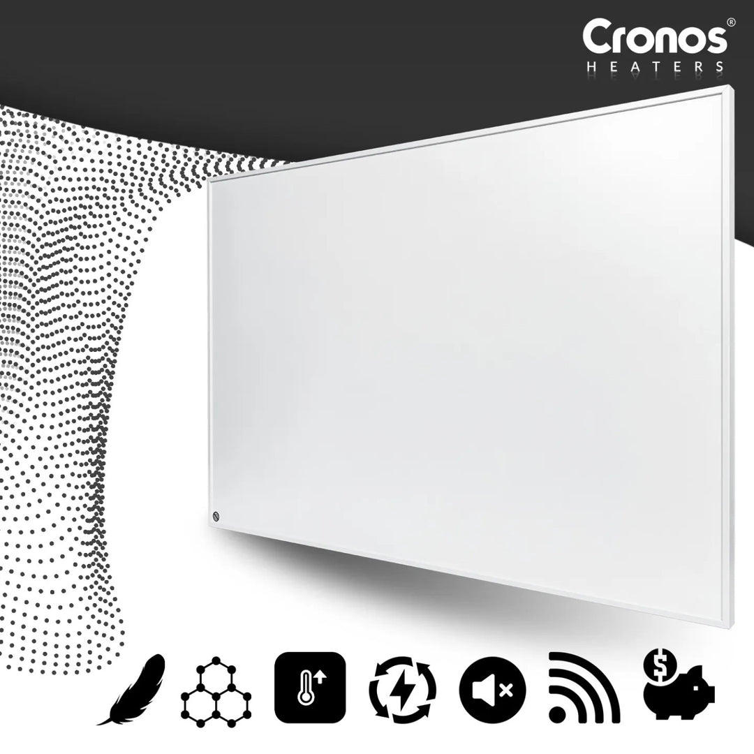 Cronos Graphene infravörös fűtőpanel, 300 W teljesítmény, fehér szín, 8 m²-es helyiséget fűti, távirányítóval, PRO CGP-300TWP