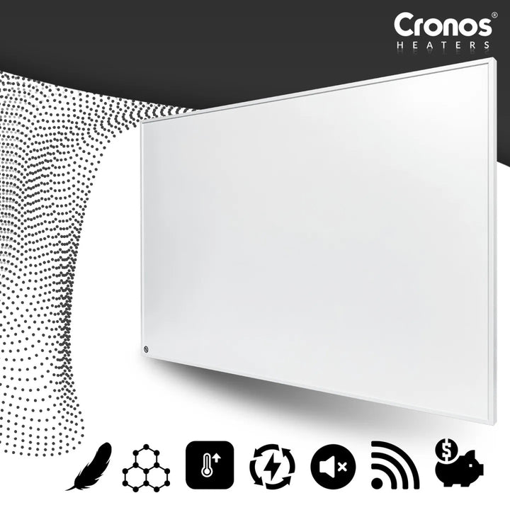 Cronos Graphene infravörös fűtőpanel, 300 W teljesítmény, fehér szín, 8 m²-es helyiséget fűti, távirányítóval, PRO CGP-300TWP