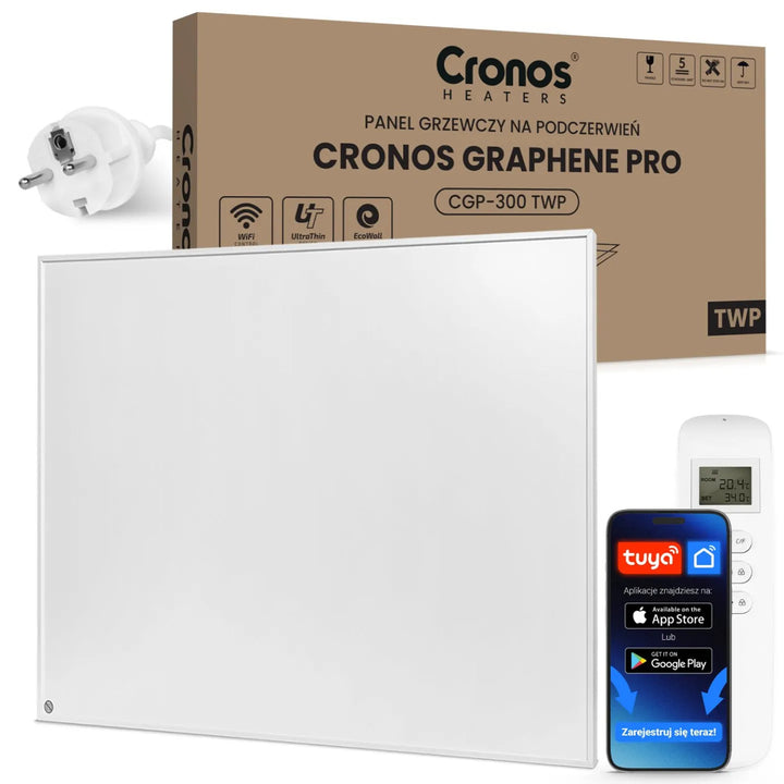 Cronos Graphene infravörös fűtőpanel, 300 W teljesítmény, fehér szín, 8 m²-es helyiséget fűti, távirányítóval, PRO CGP-300TWP