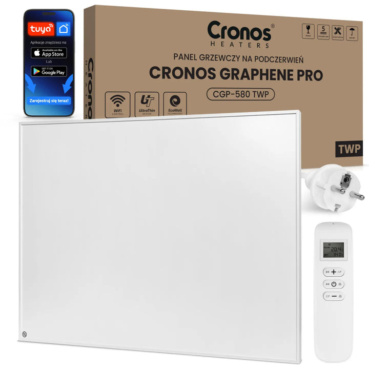 Cronos Graphene infravörös fűtőpanel, 580 W teljesítmény, fehér szín, 16 m²-es helyiséget fűti, távirányítóval, PRO CGP-580TWP